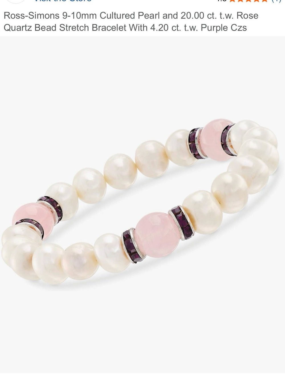 Ross-Simons White Pearl, Pink Rose Quartz & Purple CZ Stretch Bracelet